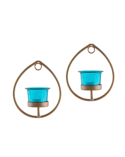 Set of 2 Decorative Golden Drop Wall Sconce/Candle Holder With Glass and Free T-light Candles