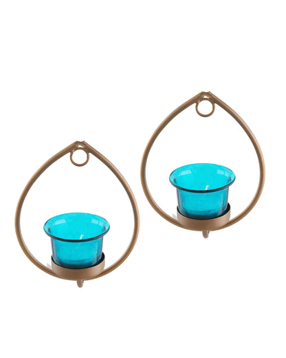 Set of 2 Decorative Golden Drop Wall Sconce/Candle Holder With Glass and Free T-light Candles