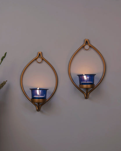 Set of 2 Decorative Golden Eye Wall Sconce/Candle Holder With Glass and Free T-light Candles