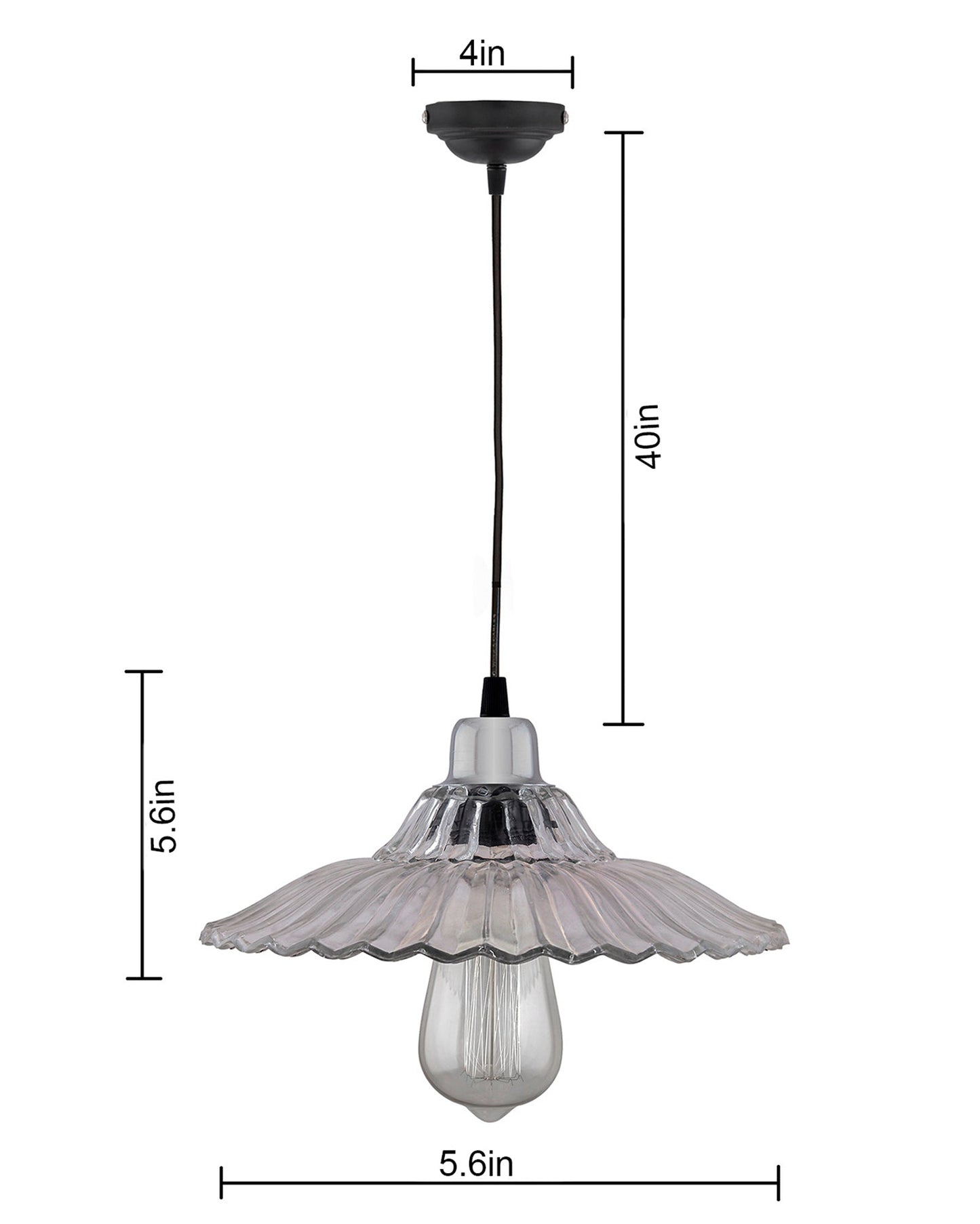 Homesake 40W Pendant Light Classic Ribbed Glass, Antique Gold Metal Hanging Ceiling LED Filament Light (Transparent)
