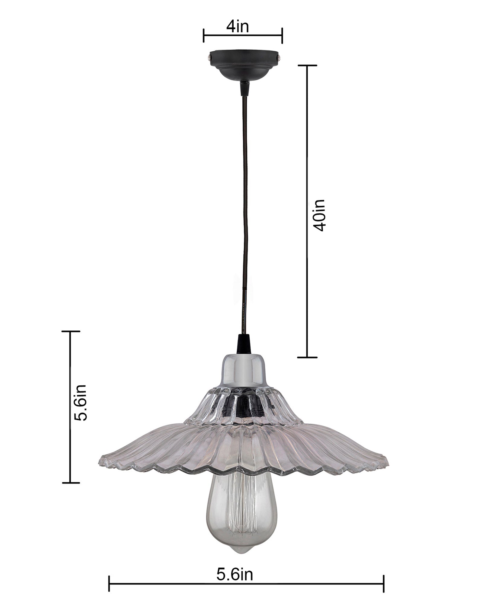 Homesake 40W Pendant Light Classic Ribbed Glass, Antique Gold Metal Hanging Ceiling LED Filament Light (Transparent)