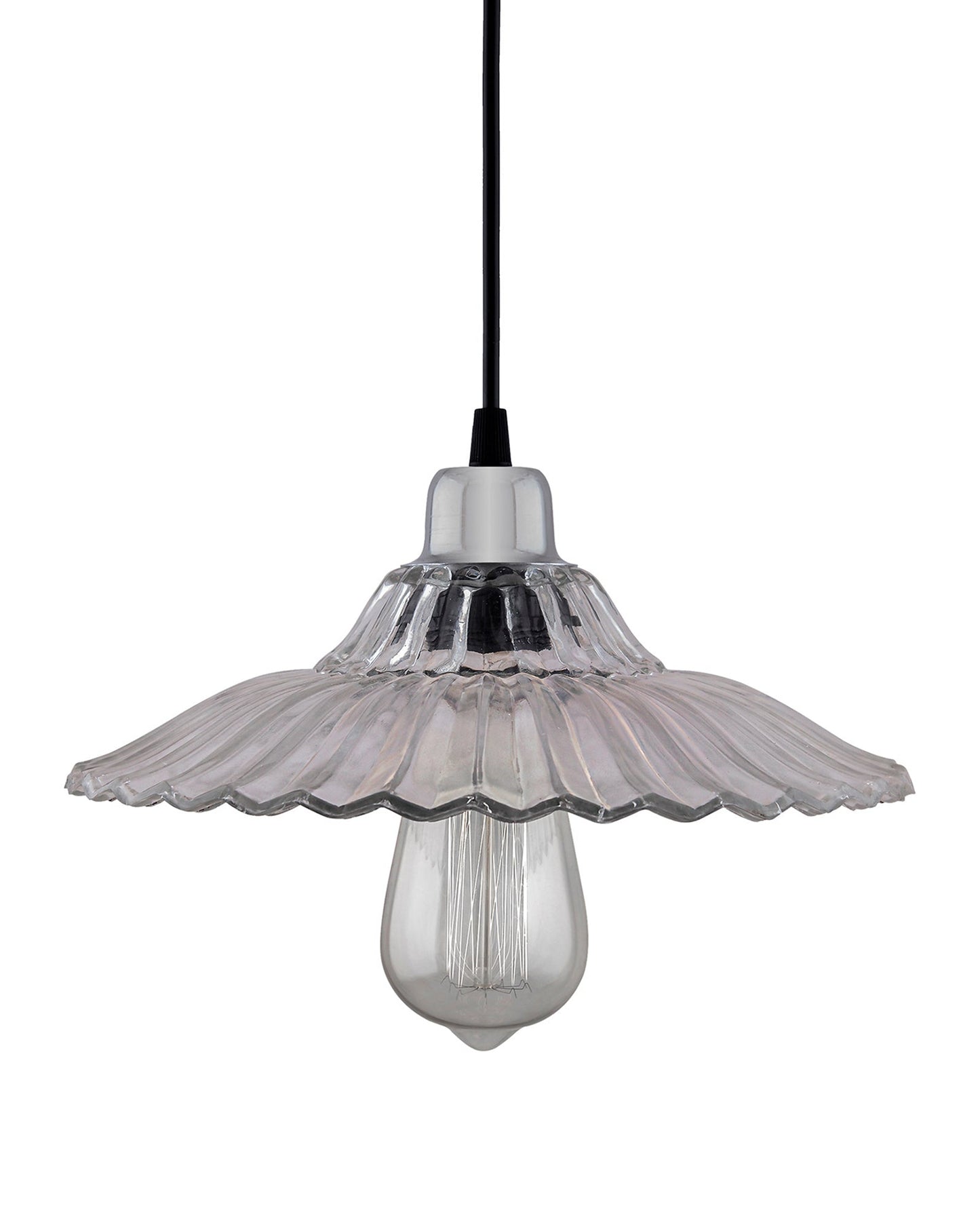 Homesake 40W Pendant Light Classic Ribbed Glass, Antique Gold Metal Hanging Ceiling LED Filament Light (Transparent)