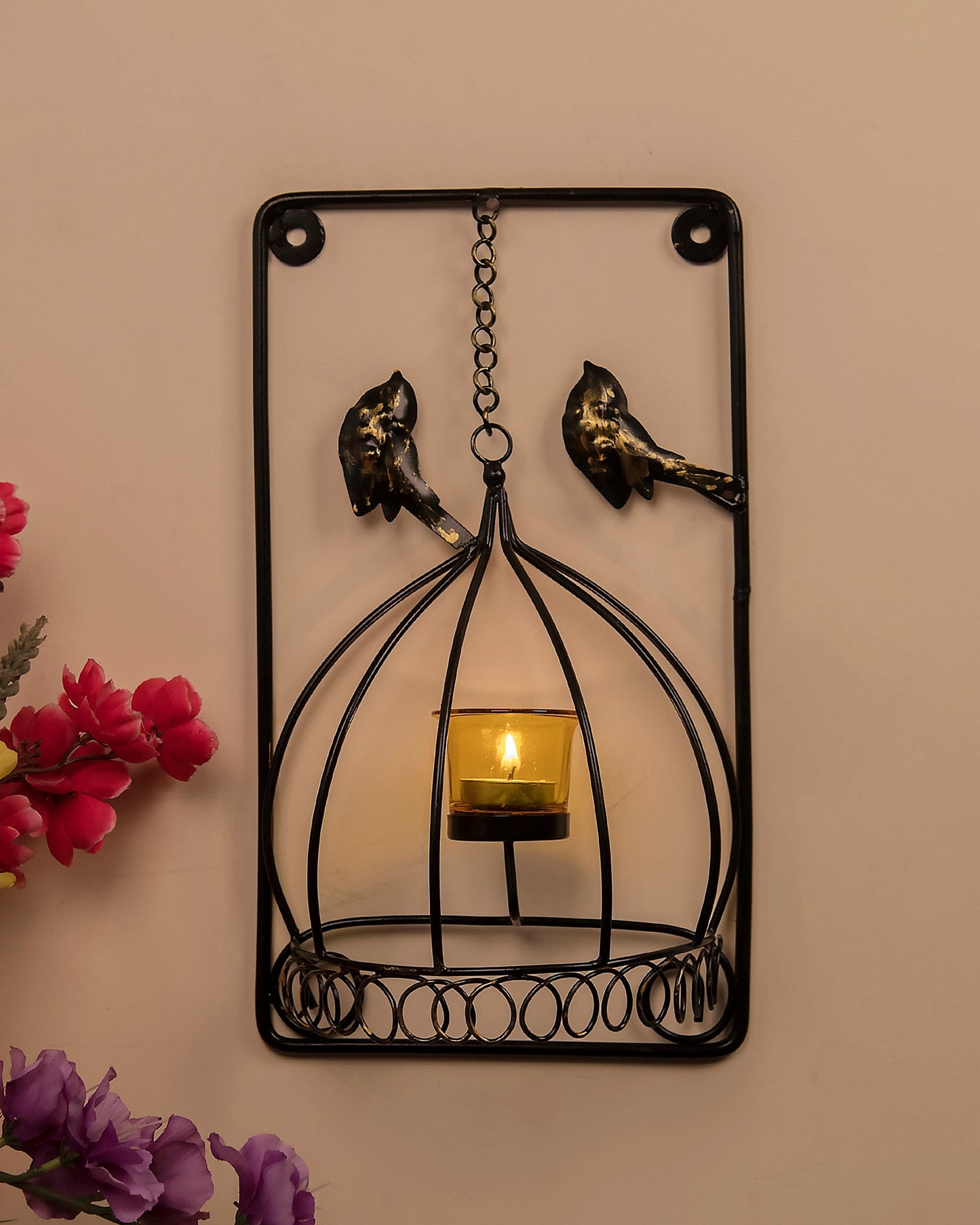 Metal Tealight Holder Bird Cage withGlass candle, Wall Candle holder Art, Metal Wall Sconce Decor