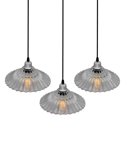 3-lights Linear Cluster Chandelier Ribbed Glass hanging Pendant Light, kitchen area and dining room light, LED/filament light