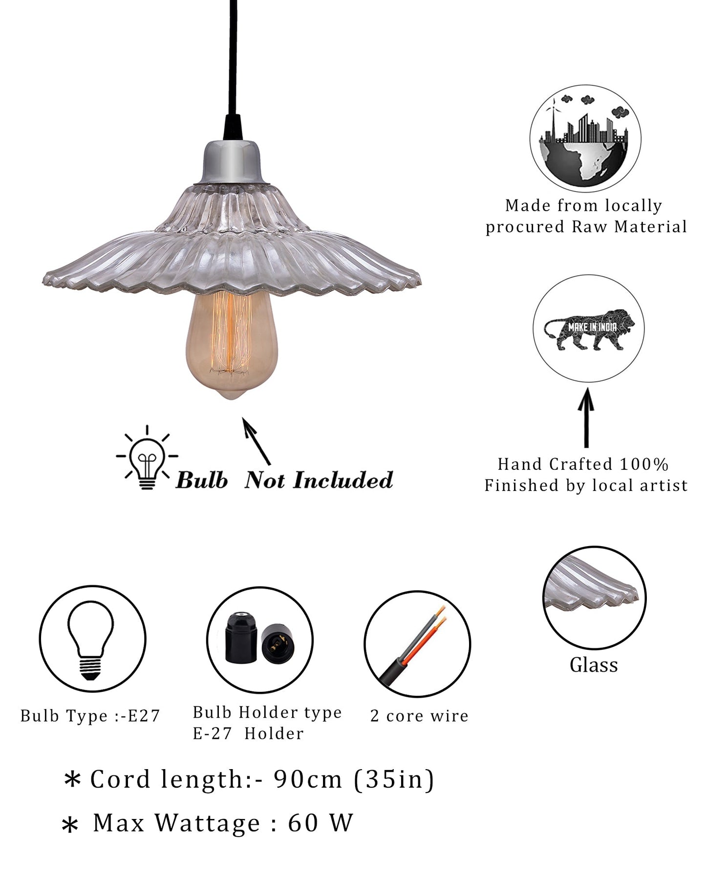 CLASSIC RIBBED Antique Silver GLASS PENDANT hanging light, E27 Nordic Glass ceiling LED/filament light