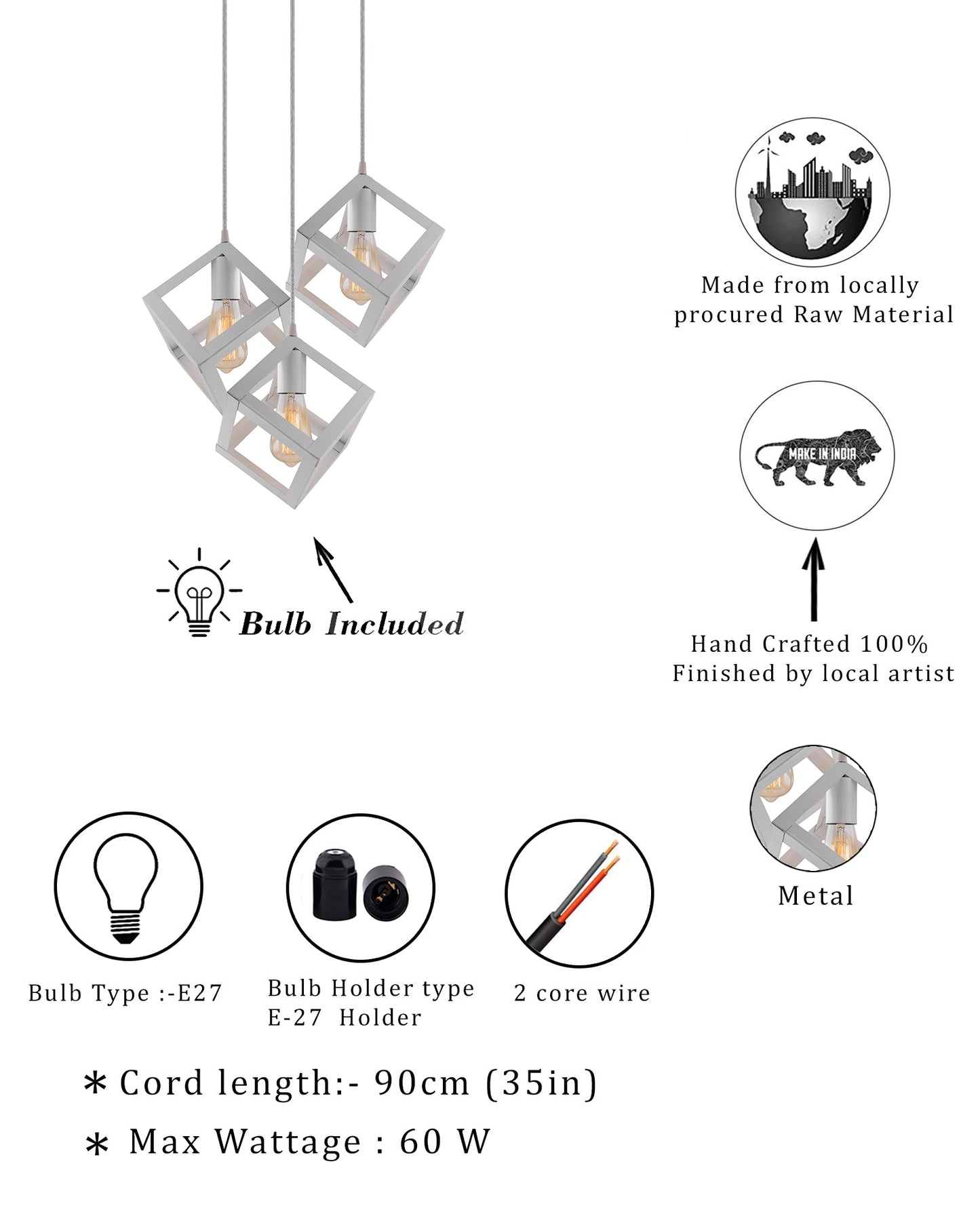 3-lights Round Cluster Chandelier White Hanging Cube 6", Hanging Pendant Light with Braided Cord, URBAN Retro, nordic style, bulb not included