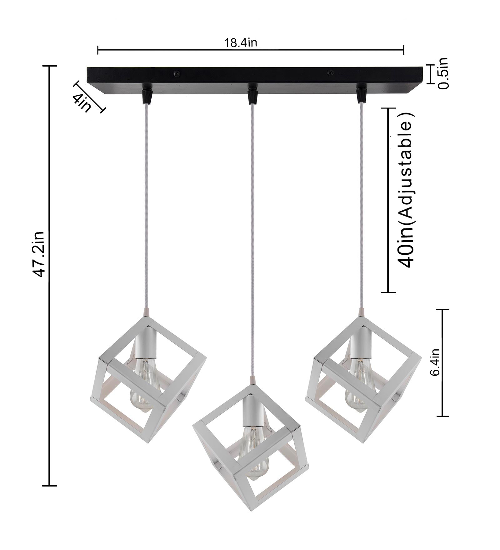3-lights Linear Cluster Chandelier White Hanging Cube 6" Pendant Light, kitchen area and dining room light, bulb not included
