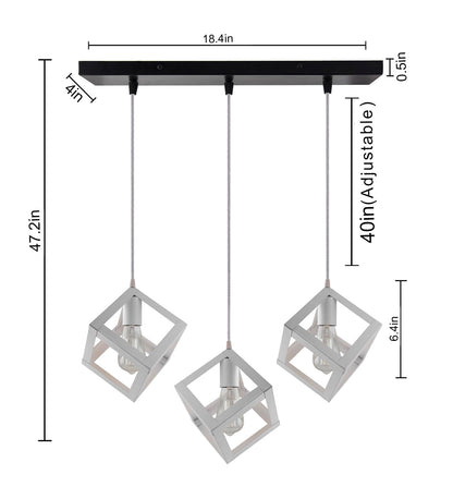 3-lights Linear Cluster Chandelier White Hanging Cube 6" Pendant Light, kitchen area and dining room light, bulb not included