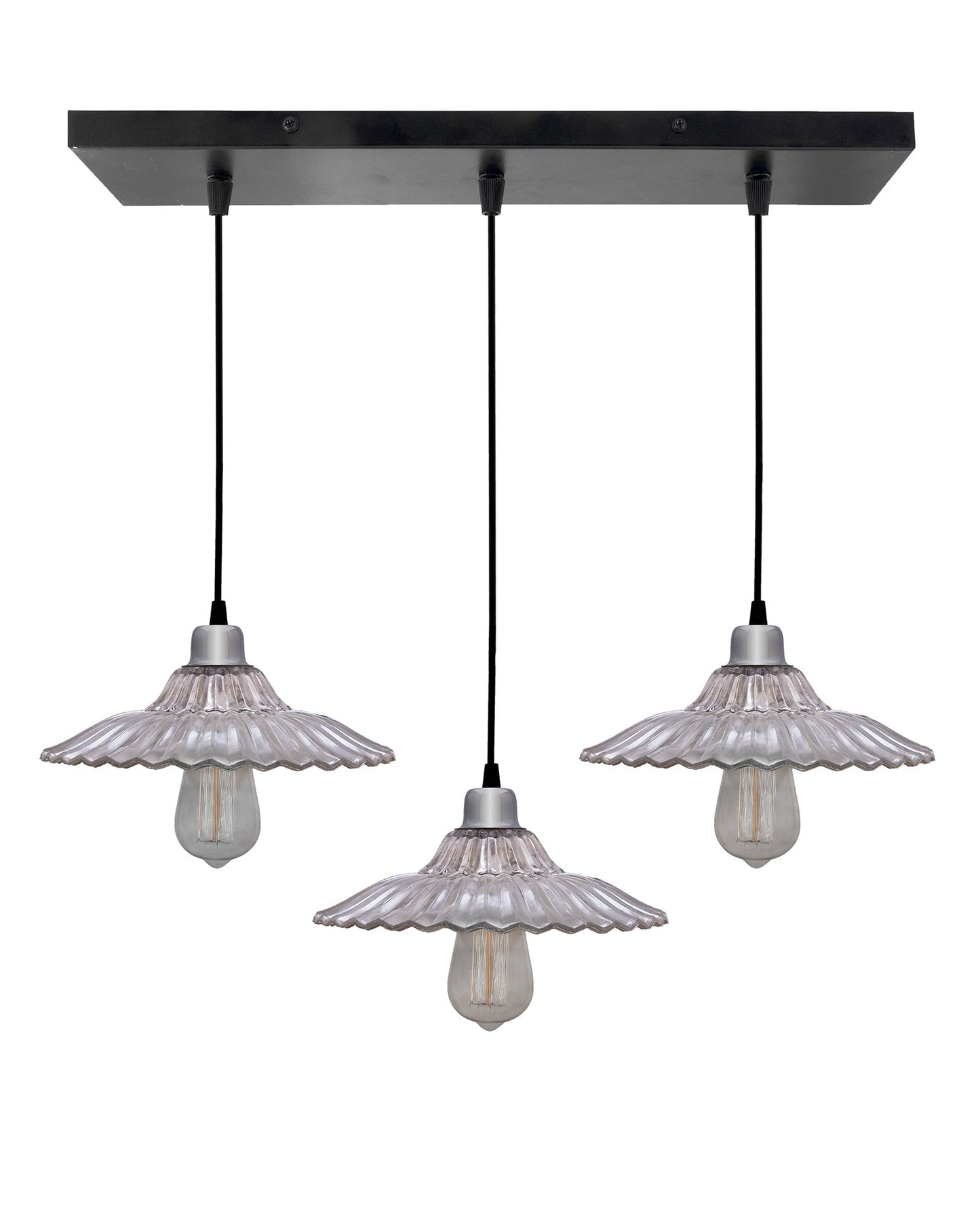 3-lights Linear Cluster Chandelier Ribbed Antique Silver Glass hanging Pendant Light, kitchen area and dining room light, LED/filament light