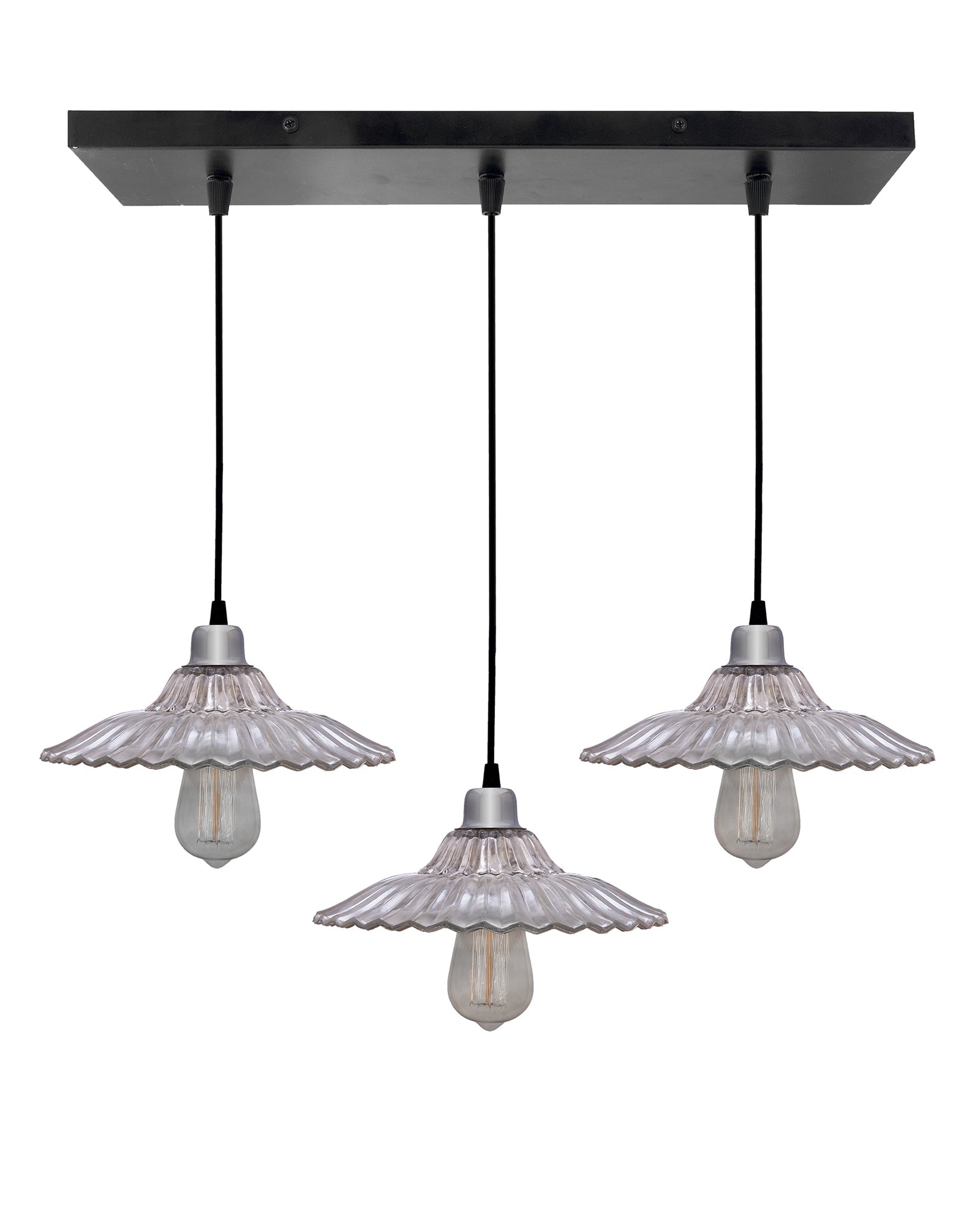 3-lights Linear Cluster Chandelier Ribbed Antique Silver Glass hanging Pendant Light, kitchen area and dining room light, LED/filament light