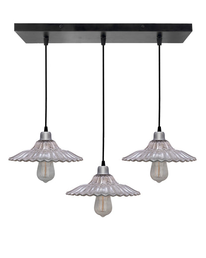 3-lights Linear Cluster Chandelier Ribbed Antique Silver Glass hanging Pendant Light, kitchen area and dining room light, LED/filament light