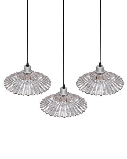 3-lights Linear Cluster Chandelier Ribbed Antique Silver Glass hanging Pendant Light, kitchen area and dining room light, LED/filament light