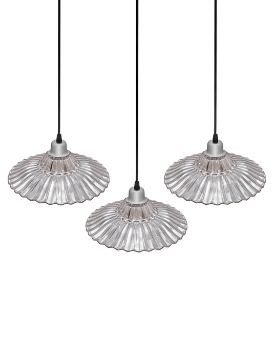 3-lights Linear Cluster Chandelier Ribbed Antique Silver Glass hanging Pendant Light, kitchen area and dining room light, LED/filament light