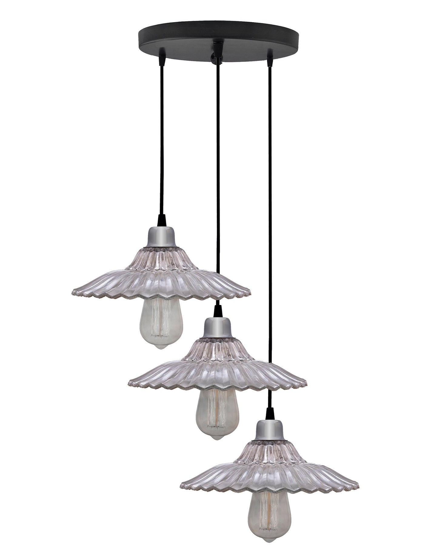 3-lights Round Cluster Chandelier Ceiling Ribbed Antique Silver Glass Hanging Pendant Light with Braided Cord, URBAN Retro, nordic style, LED/filament bulb