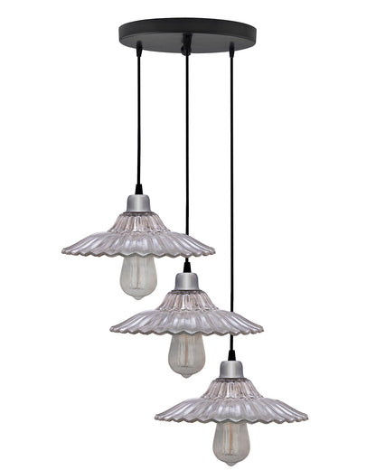 3-lights Round Cluster Chandelier Ceiling Ribbed Antique Silver Glass Hanging Pendant Light with Braided Cord, URBAN Retro, nordic style, LED/filament bulb
