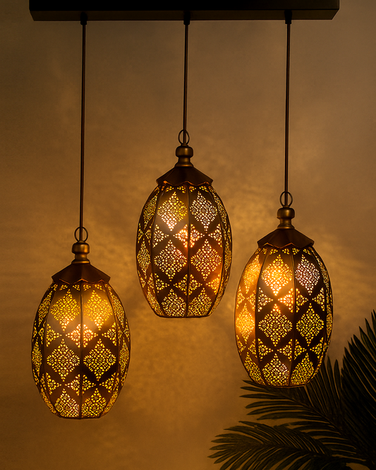 3-Lights Linear Cluster Chandelier Antique Finish Oval Moroccan Hanging Pendant Light, Kitchen Area and Dining Room Light, LED/Filament Light