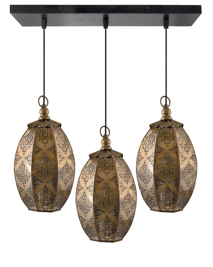 3-Lights Linear Cluster Chandelier Antique Finish Oval Moroccan Hanging Pendant Light, Kitchen Area and Dining Room Light, LED/Filament Light