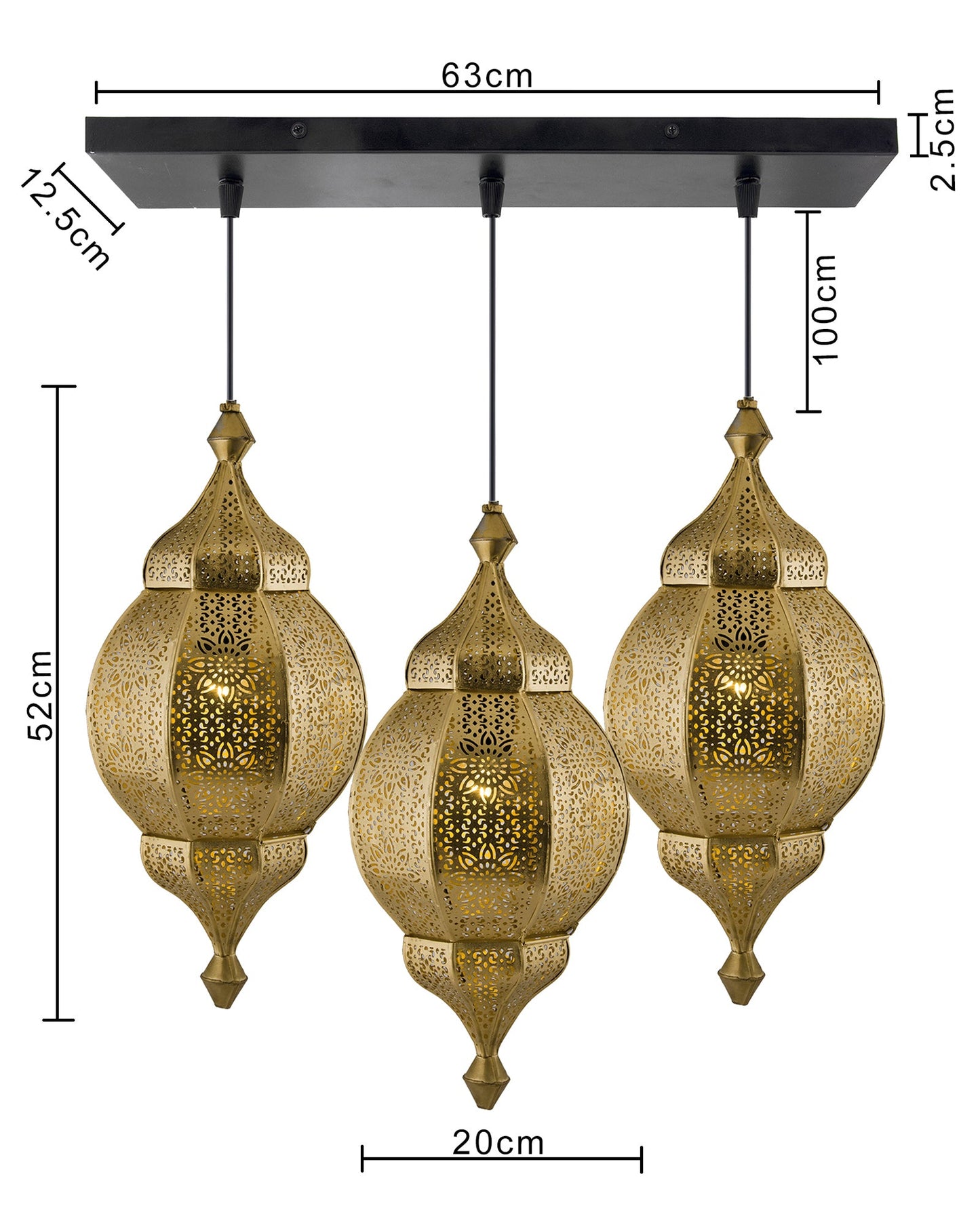 3-Lights Linear Cluster Chandelier Antique Classic Moroccan Orb Hanging Pendant Light, Kitchen Area and Dining Room Light, LED/Filament Light