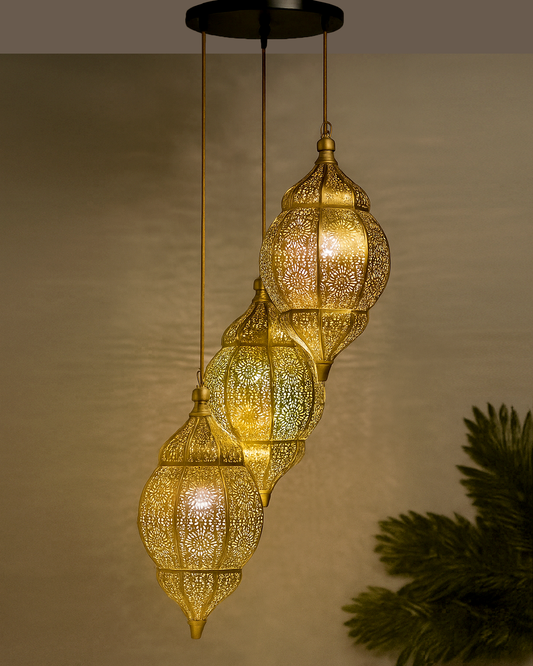 3-Lights Round Cluster Chandelier Ceiling Antique Classic Moroccan Orb Hanging Light with Braided Cord, URBAN Retro