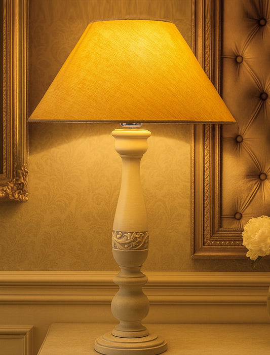 Floral Carved White Wood Table Lamp With Shade