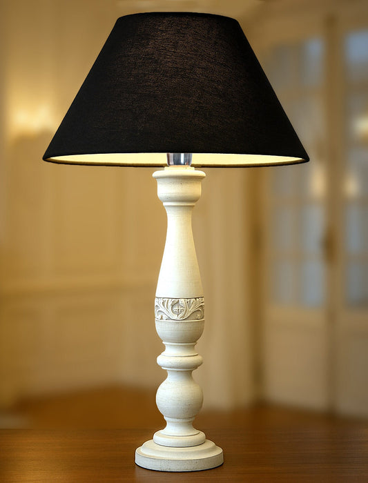 Floral Carved White Wood Table Lamp With Shade