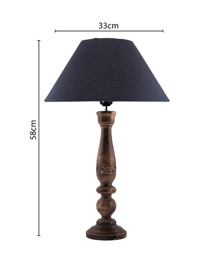 Floral Carved Black Wood Table Lamp With Shade
