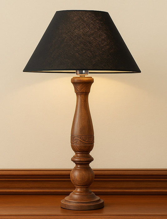 Floral Carved Black Wood Table Lamp With Shade