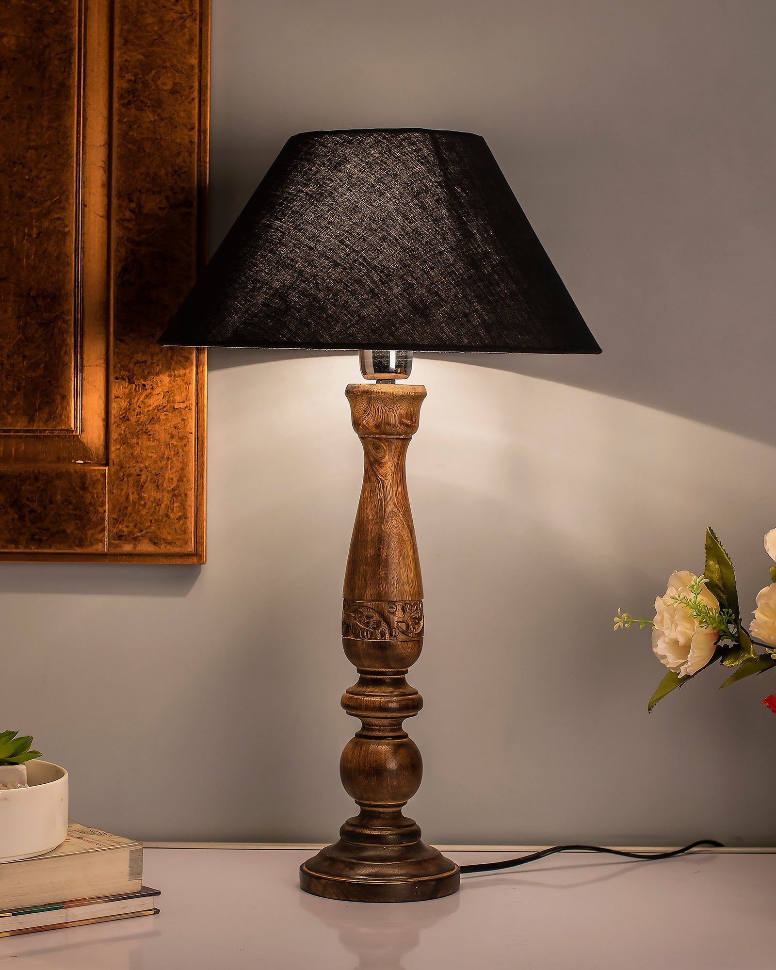 Floral Carved Black Wood Table Lamp With Shade
