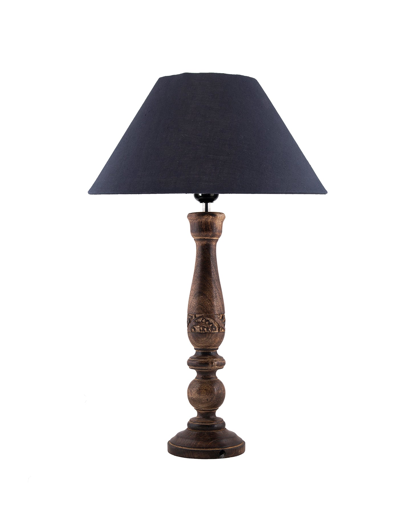 Floral Carved Black Wood Table Lamp With Shade