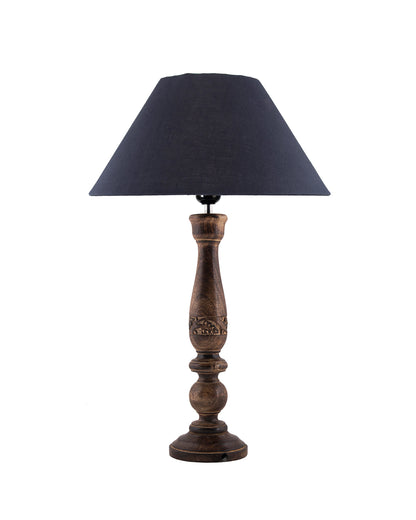 Floral Carved Black Wood Table Lamp With Shade