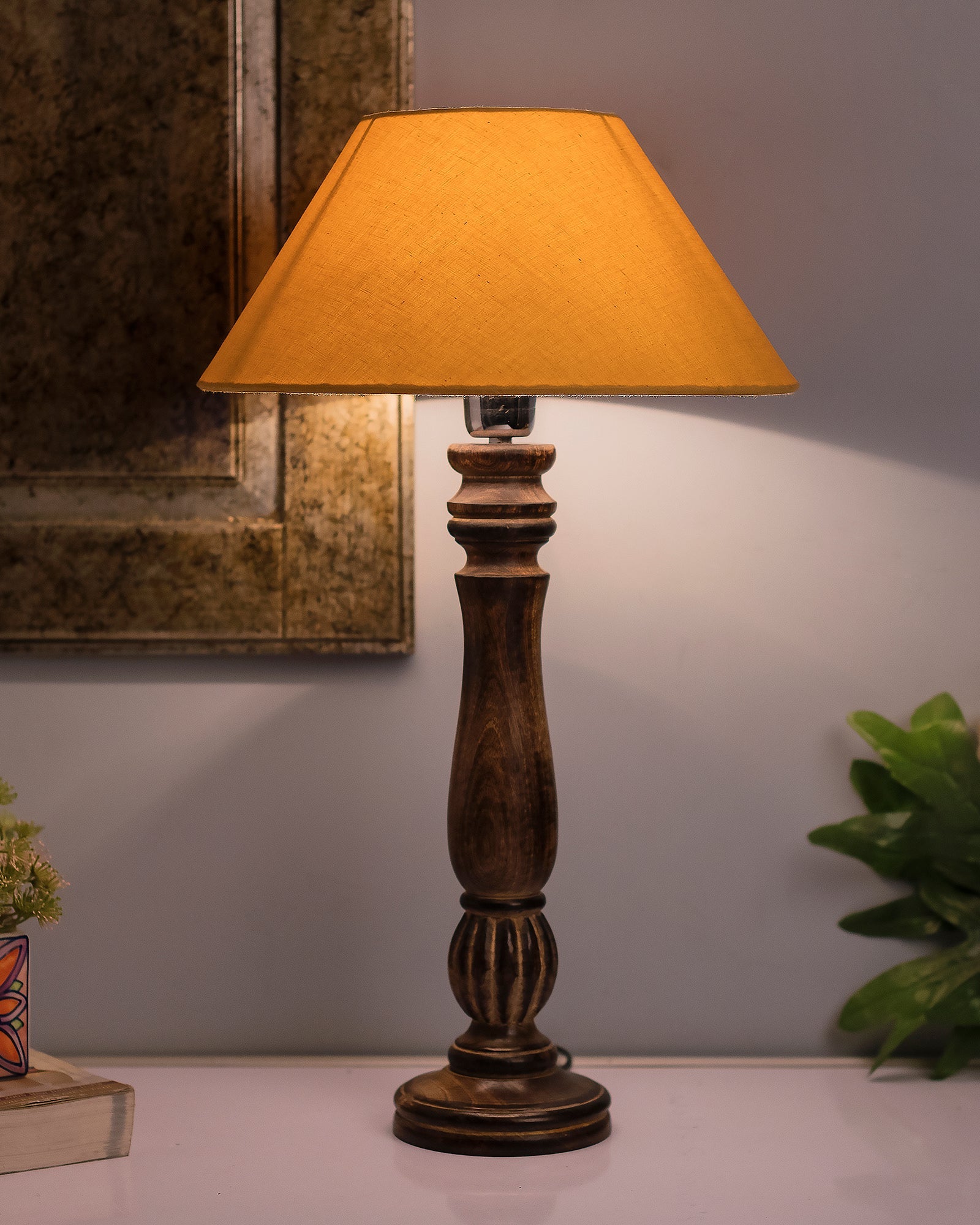 Classic Victorian Black Wood Table Lamp with Golden Shade
