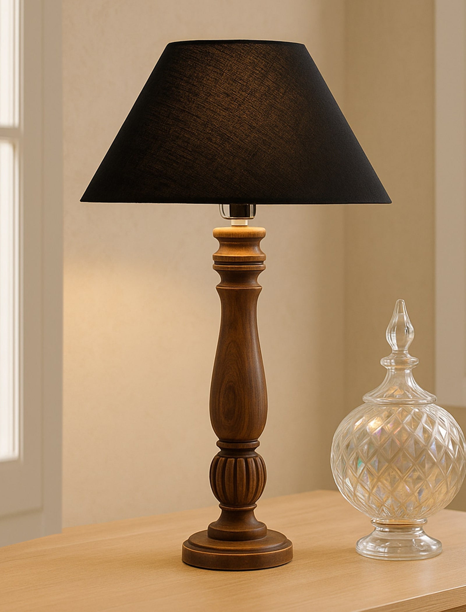 Classic Victorian Black Wood Table Lamp with Golden Shade