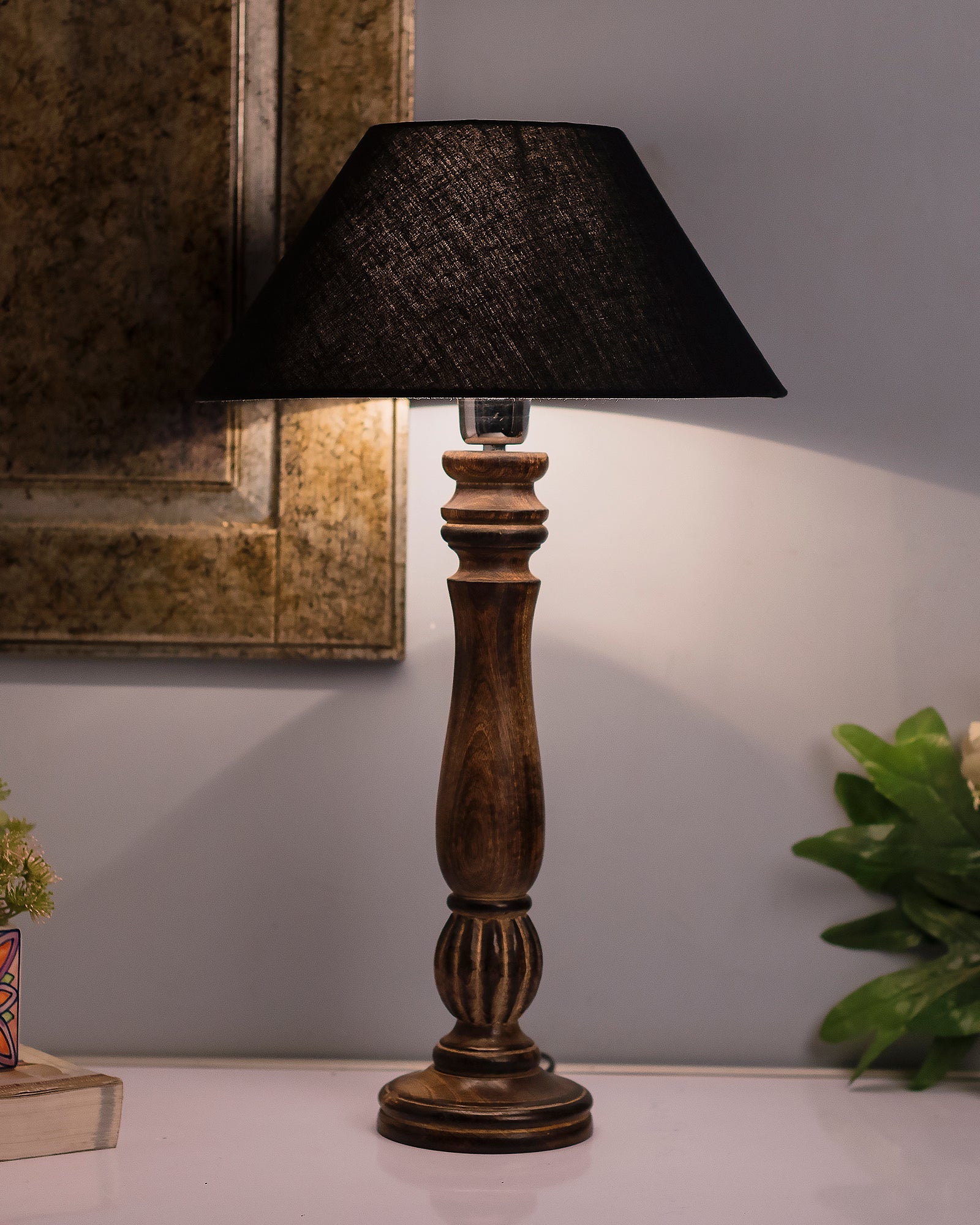 Classic Victorian Black Wood Table Lamp with Golden Shade