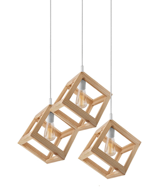 3-Lights Round Cluster Chandelier Modern Nordic Wooden Pendant Cube Light with Silicone Holder, URBAN Retro, Nordic Style, LED/Filament Bulb