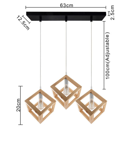 3-Lights Linear Cluster Chandelier Modern Nordic Wooden Pendant Cube Light with Silicone Holder Pendant Light, Kitchen Area ad Dining Room Light, LED/Filament Light