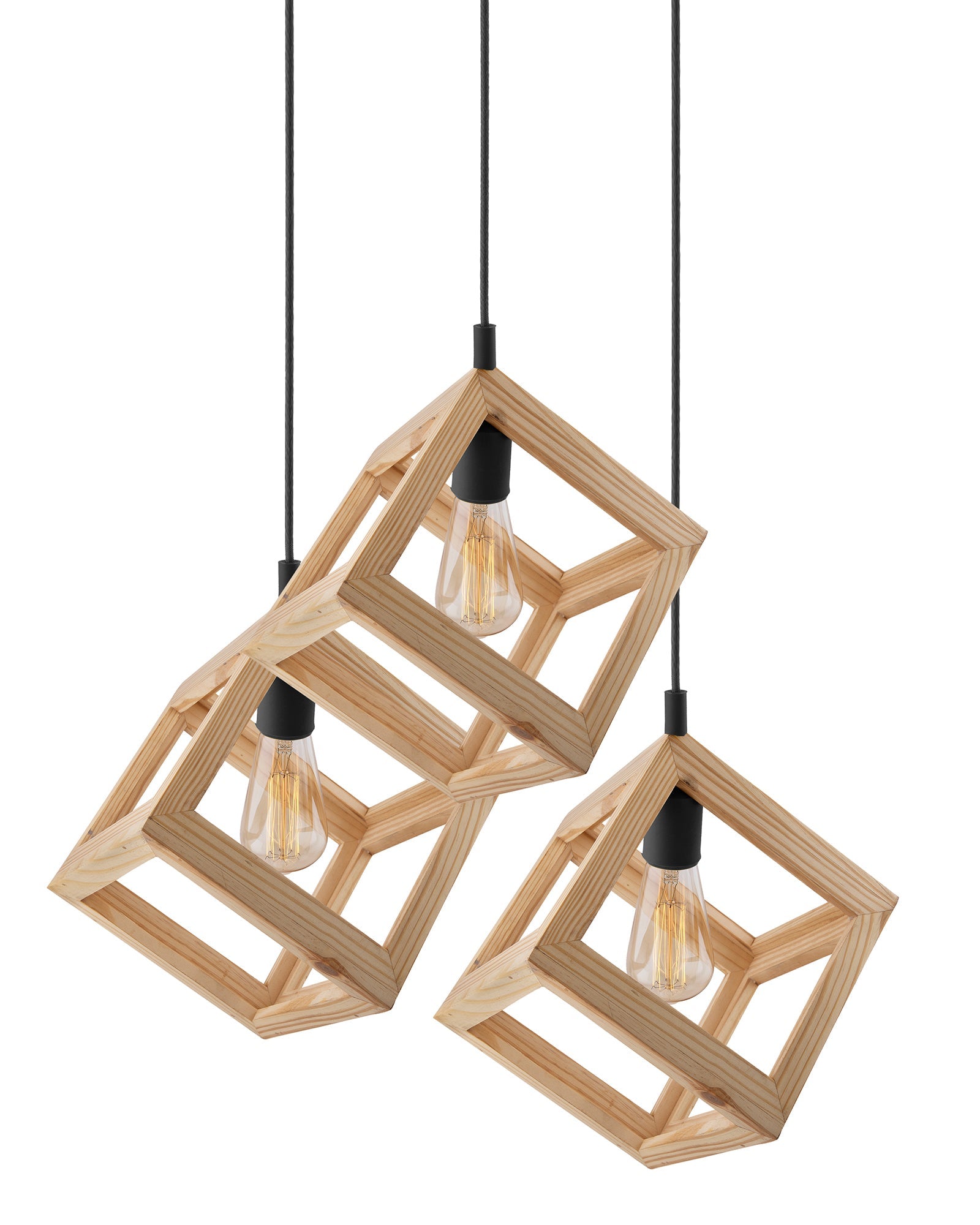 3-Lights Round Cluster Chandelier Modern Nordic Wooden Pendant Cube Light with Silicone Holder, URBAN Retro, Nordic Style, LED/Filament Bulb