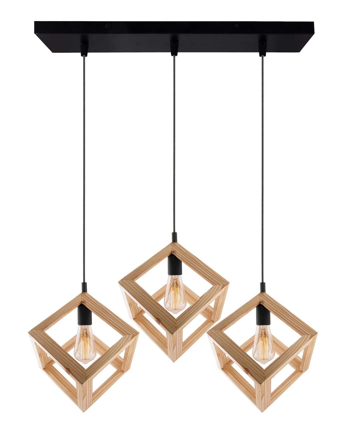 3-Lights Linear Cluster Chandelier Modern Nordic Wooden Pendant Cube Light with Silicone Holder Pendant Light, Kitchen Area ad Dining Room Light, LED/Filament Light