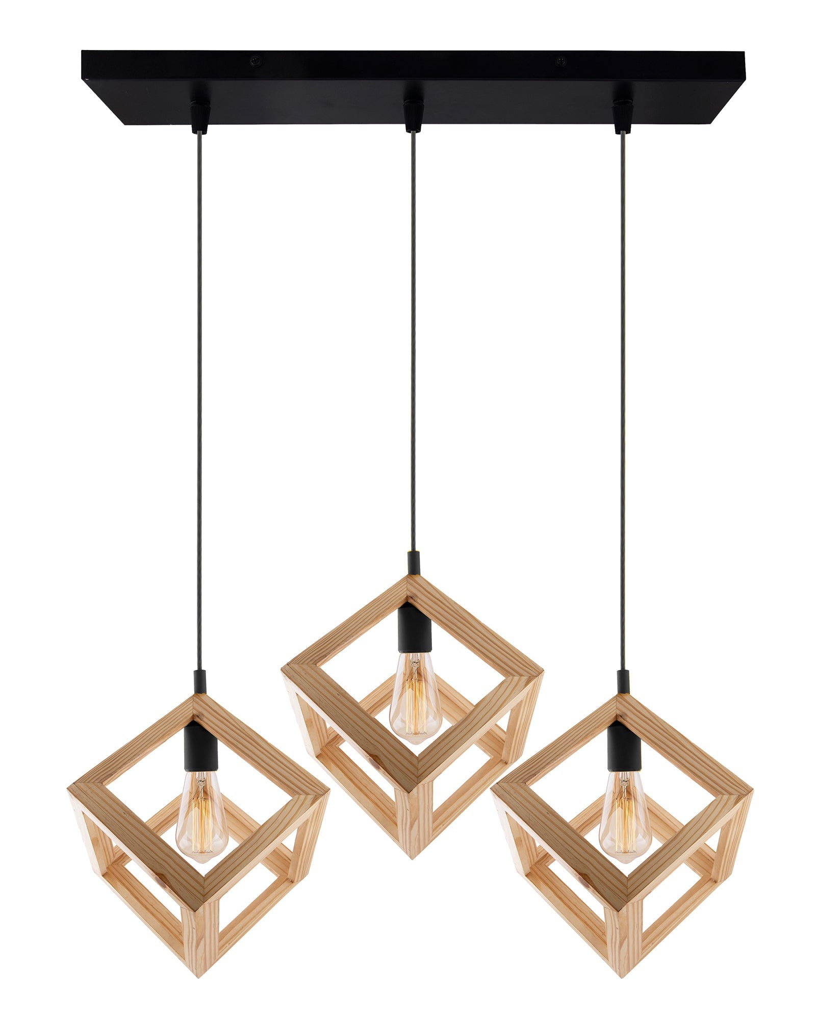 3-Lights Linear Cluster Chandelier Modern Nordic Wooden Pendant Cube Light with Silicone Holder Pendant Light, Kitchen Area ad Dining Room Light, LED/Filament Light