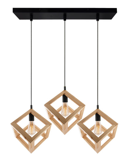 3-Lights Linear Cluster Chandelier Modern Nordic Wooden Pendant Cube Light with Silicone Holder Pendant Light, Kitchen Area ad Dining Room Light, LED/Filament Light