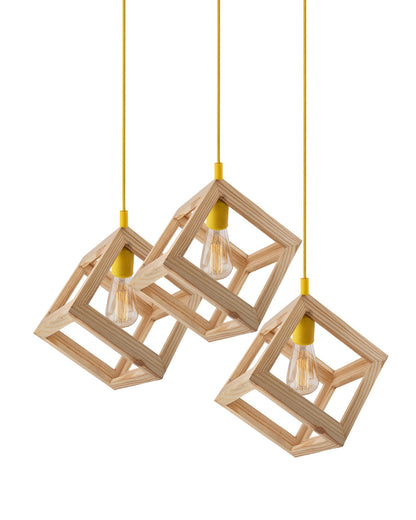 3-Lights Round Cluster Chandelier Modern Nordic Wooden Pendant Cube Light with Silicone Holder, URBAN Retro, Nordic Style, LED/Filament Bulb