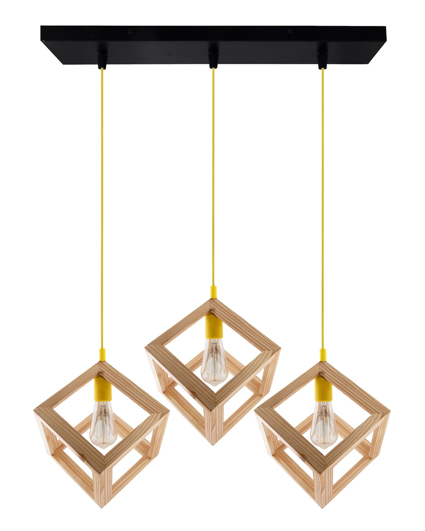 3-Lights Linear Cluster Chandelier Modern Nordic Wooden Pendant Cube Light with Silicone Holder Pendant Light, Kitchen Area ad Dining Room Light, LED/Filament Light