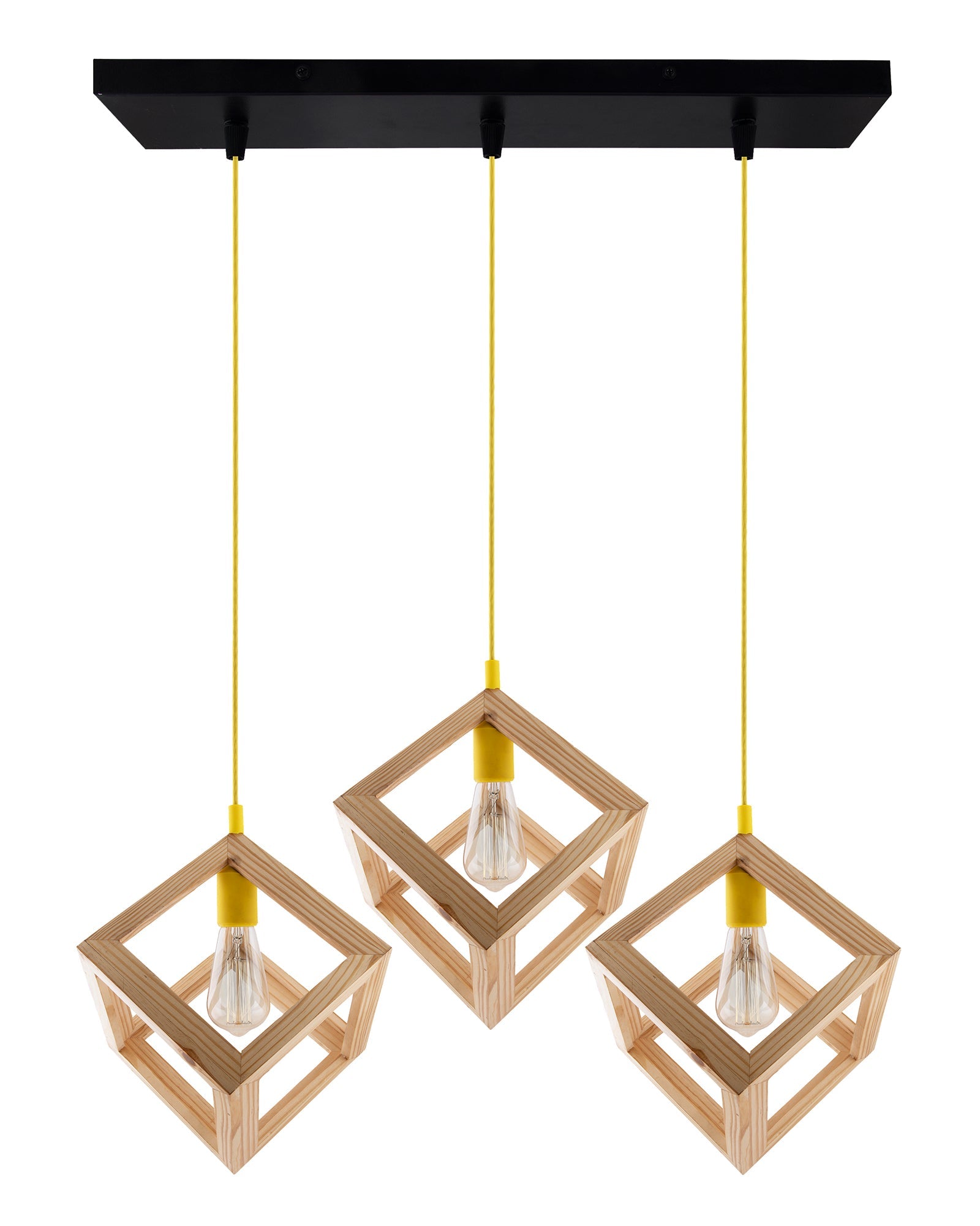 3-Lights Linear Cluster Chandelier Modern Nordic Wooden Pendant Cube Light with Silicone Holder Pendant Light, Kitchen Area ad Dining Room Light, LED/Filament Light