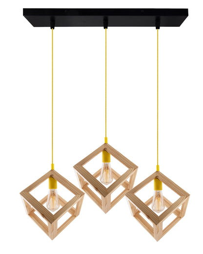 3-Lights Linear Cluster Chandelier Modern Nordic Wooden Pendant Cube Light with Silicone Holder Pendant Light, Kitchen Area ad Dining Room Light, LED/Filament Light