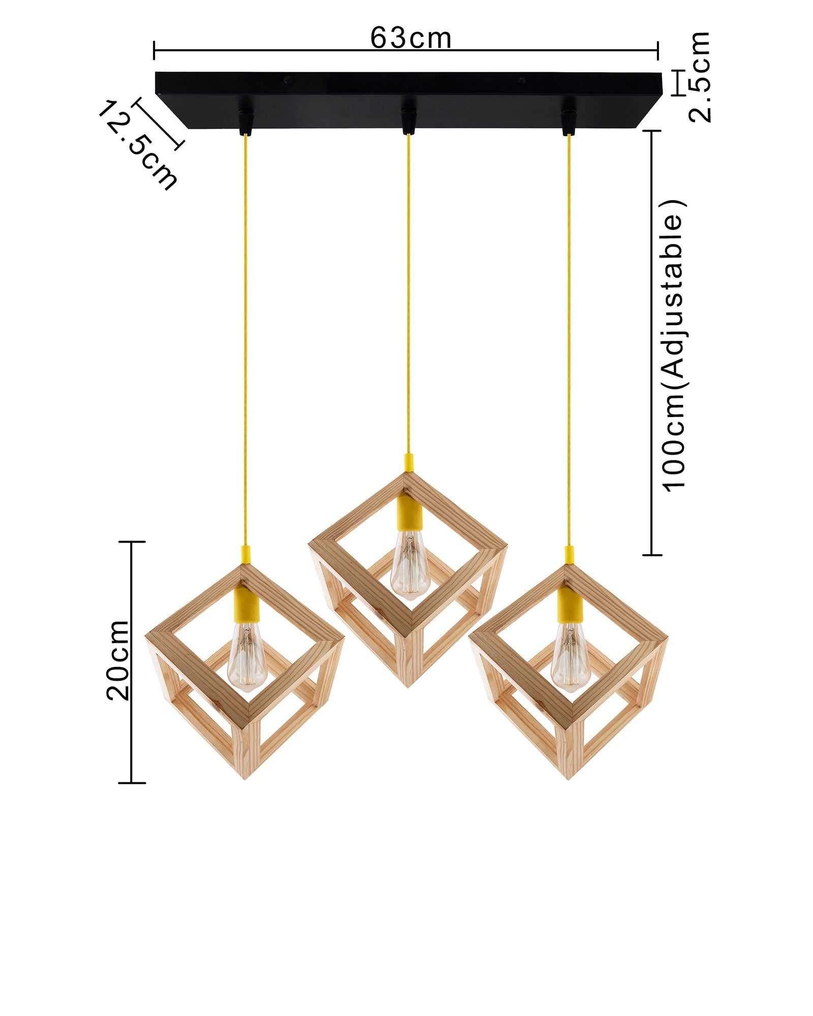 3-Lights Linear Cluster Chandelier Modern Nordic Wooden Pendant Cube Light with Silicone Holder Pendant Light, Kitchen Area ad Dining Room Light, LED/Filament Light