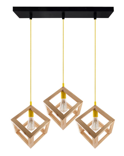 3-Lights Linear Cluster Chandelier Modern Nordic Wooden Pendant Cube Light with Silicone Holder Pendant Light, Kitchen Area ad Dining Room Light, LED/Filament Light