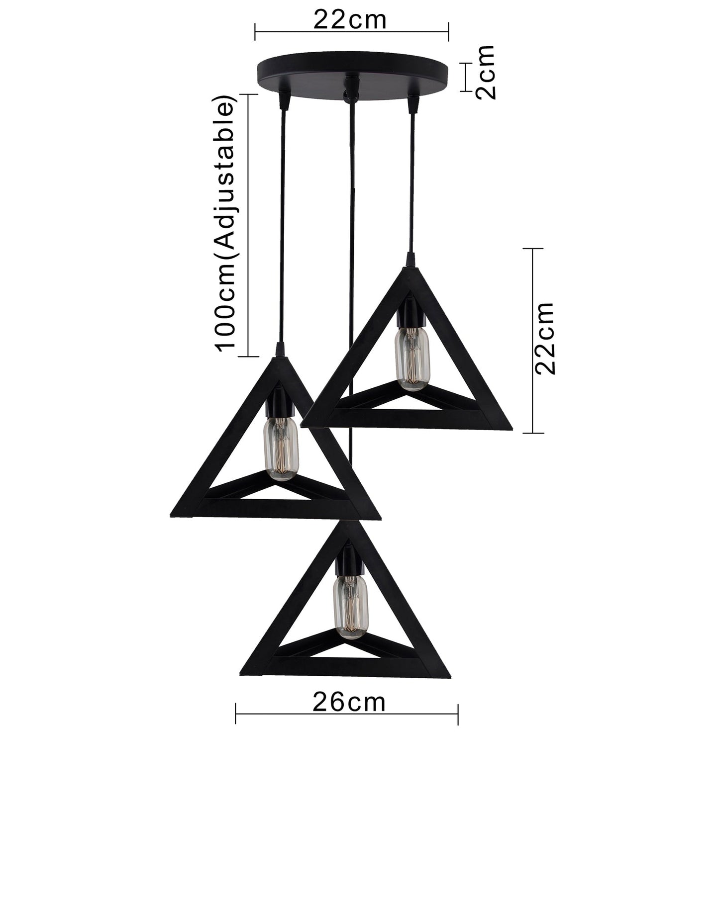 3-Lights Cluster Chandelier Triangle 6", E27 Holder, Decorative, Black, URBAN Retro, Nordic Style, LED/Filament Bulb