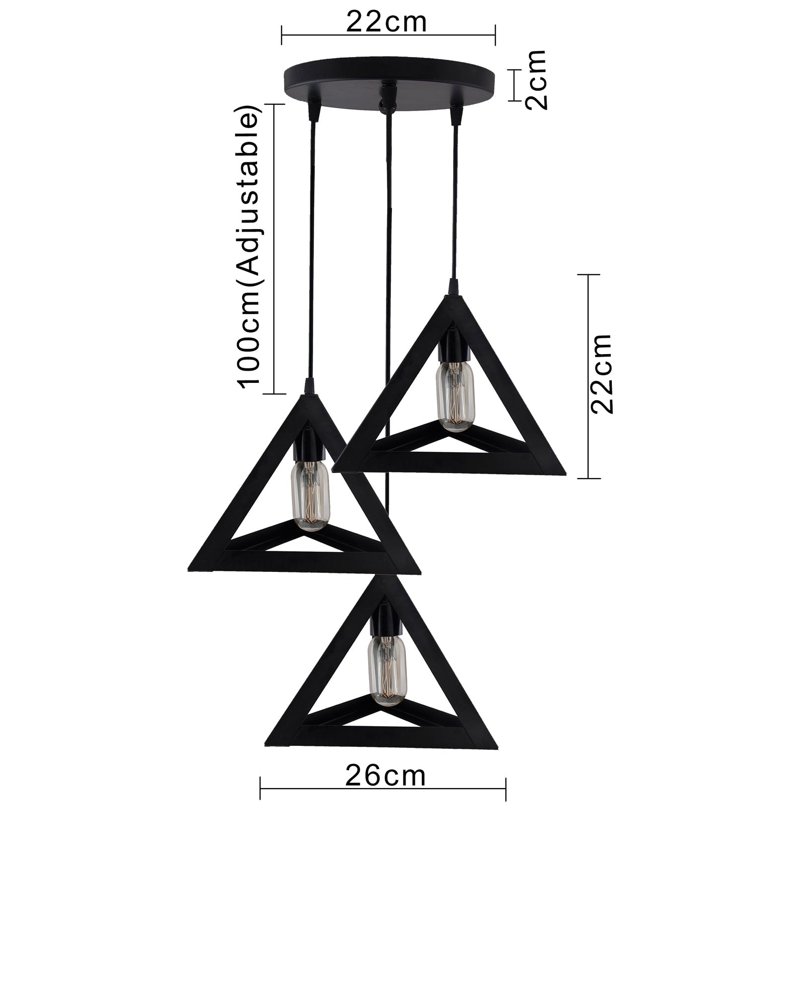 3-Lights Cluster Chandelier Triangle 6", E27 Holder, Decorative, Black, URBAN Retro, Nordic Style, LED/Filament Bulb
