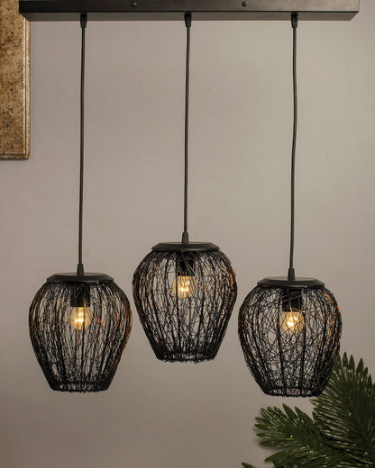 3-Lights Cluster Chandelier Black Steel Wire Mesh Pendant, Decorative, Black, URBAN Retro, Nordic Style, LED/Filament Bulb