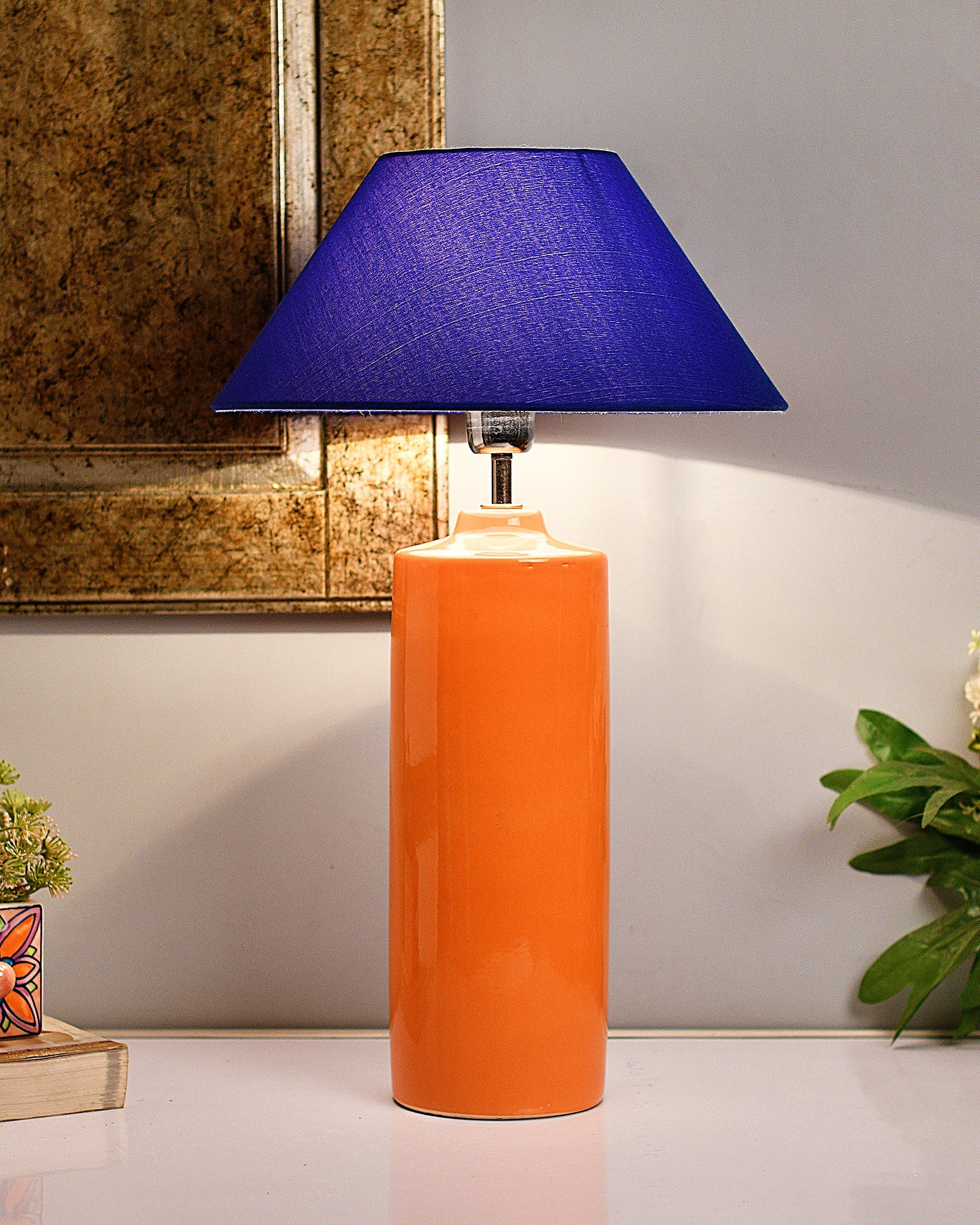 Ceramic Base Orange Table Lamp with Cone Shade, LED Bulb