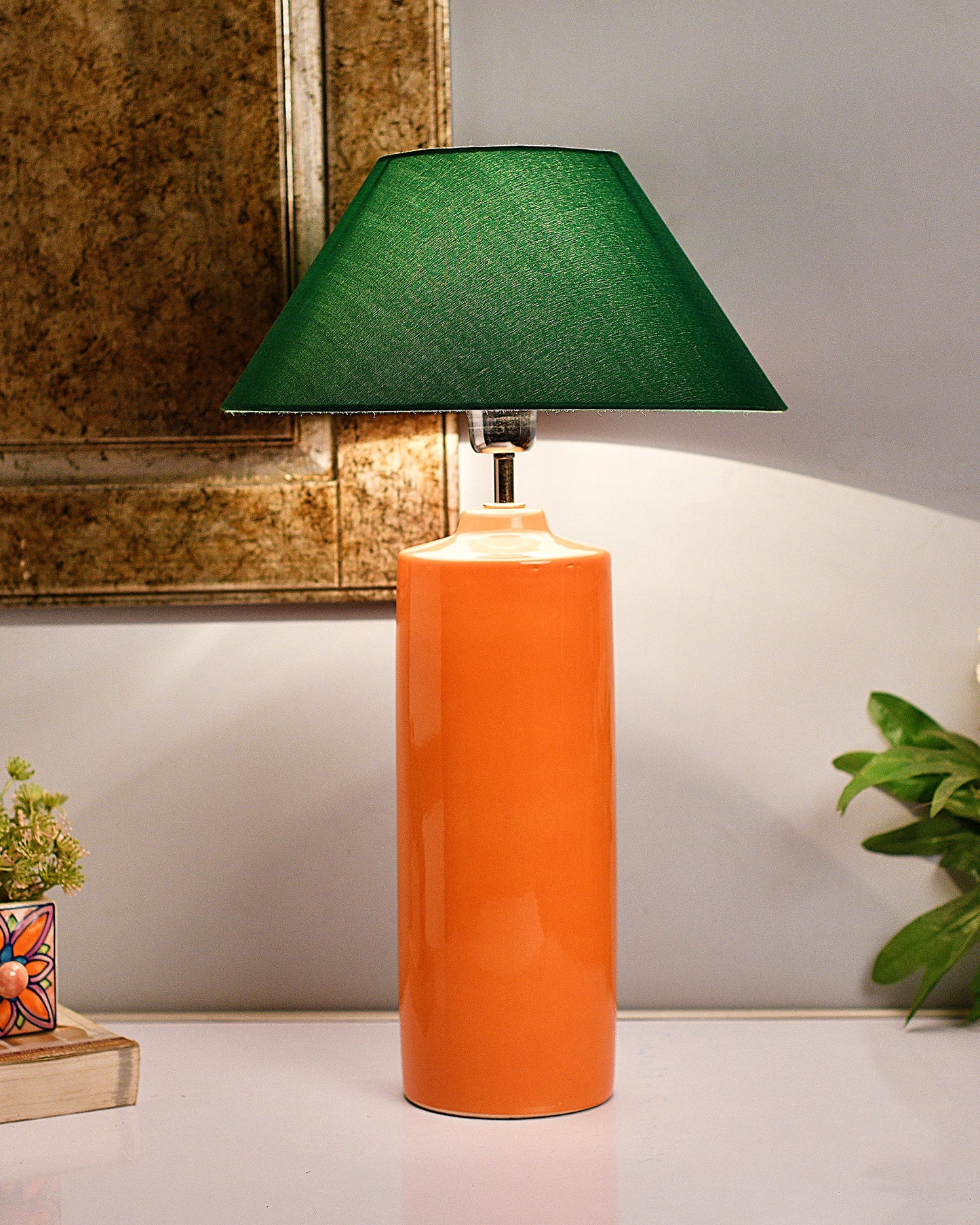 Ceramic Base Orange Table Lamp with Cone Shade, LED Bulb